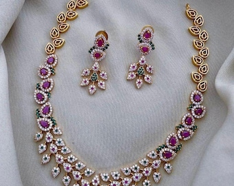 American Diamond Necklace Set Ruby CZ Jewelry Indian Artificial Necklace Earring Set Gold Necklace Beautiful Wedding Necklace For Bride