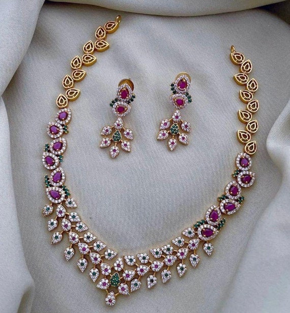 American Diamond Necklace Set Ruby CZ Jewelry Indian Artificial Necklace Earring Set Gold Necklace Beautiful Wedding Necklace For Bride