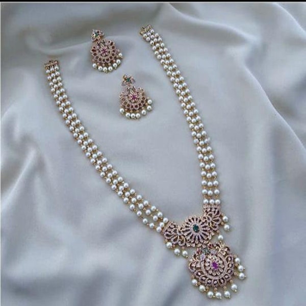 Parure de collier et perles de rubis, Bijoux en diamant CZ, Bijoux en pierre de Kemp, Bijoux en perles de Kundan, Bijoux de l'Inde du Sud, Guttapusalu, Parure de mariage