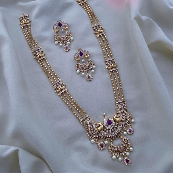 Collier long en or rubis et diamants CZ, bijoux indiens, collier de perles AD, pierre de Kemp, bijoux de créateur, finition mate, collier paon en guttapusalu