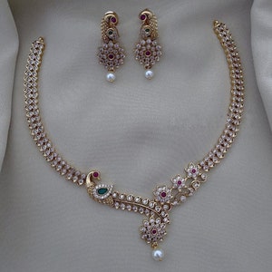 Gold Plated CZ Necklace Earring Set: Ruby, Pearl, Indian Jewelry
