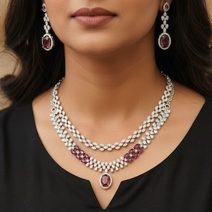 Ruby Red Gemstone Layered Necklace Earrings Set, Silver Plated Bridal Choker, Wedding Jewelry