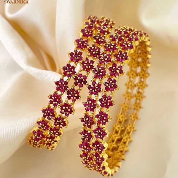 Beautiful Gold Plated Ruby Bangles Red Diamond Bangles Set Premium Quality Designer Bangles Set Bridal Chudiya Wedding AD Bangles