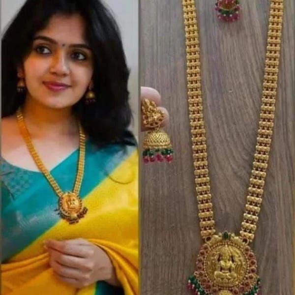Traditional South Indian Jewelry, Matt Finish Guttapusalu, Indian Temple Jewelry Set, Gold Long Haram Necklace, Kampu Stone Necklace,