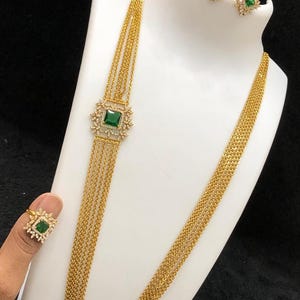 Gold Plated Emerald Quartz Necklace: AD Stone Rani Haar