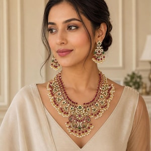 Conjunto de collar Guttapusalu del sur de la India, gargantilla de pavo real con rubíes y esmeraldas chapada en oro