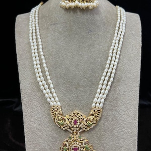 Pearl Haram Necklace Set: Gold Plated Kemp South Indian Jewelry