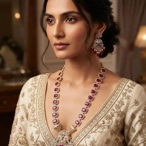 Puede incluir: Un collar largo con piedras rojas de corte cuadrado engastadas en metal dorado y un gran colgante ornamentado con piedras rojas pequeñas y cristales transparentes, junto con pendientes colgantes a juego estilo candelabro.