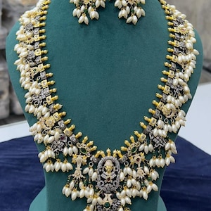 Gold Finish Rice Pearl Haram Necklace: Kemp Jadau Bridal Jewelry