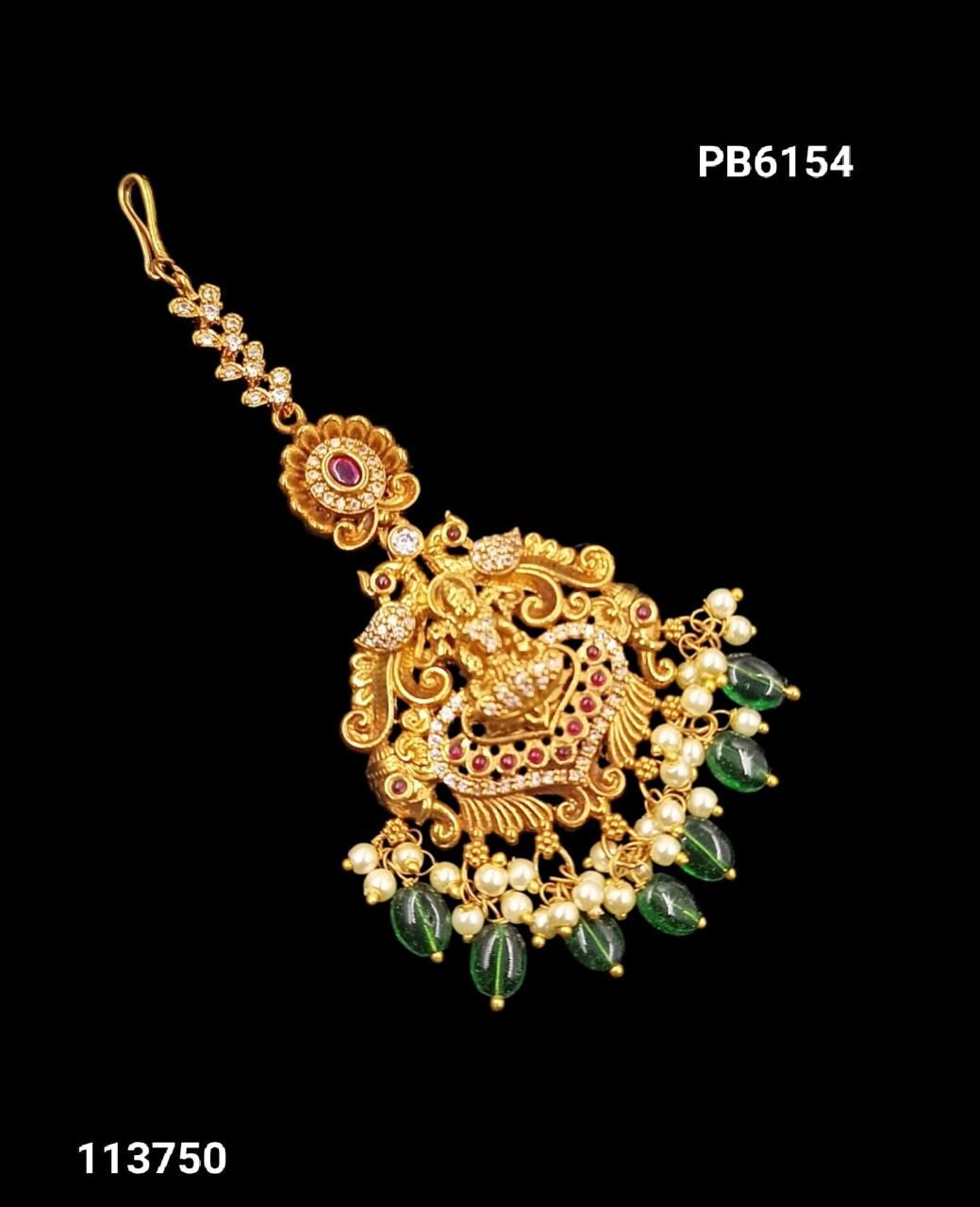 Goddess Lakshmi Maang Tikka - Gold Tone Temple Jewelry with Pearls