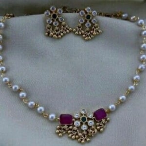 Ruby Pearl Necklace Set: South Indian CZ Diamond Jewelry