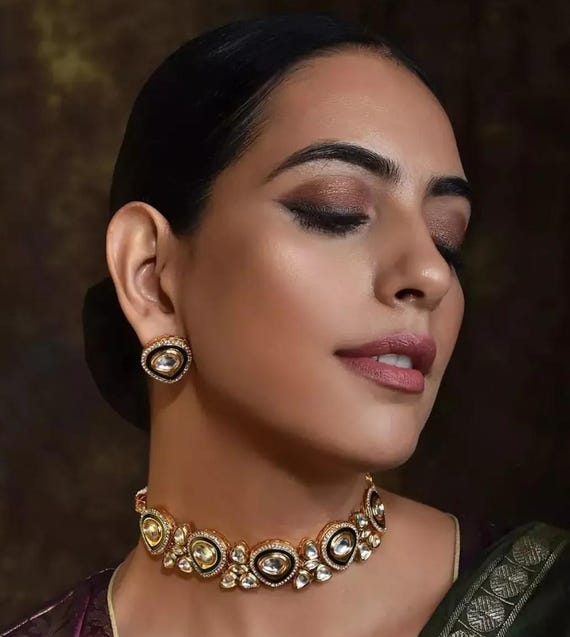 Kundan Polki Choker Set: Indian Bridal Jewelry, CZ Diamond, Silver Foil