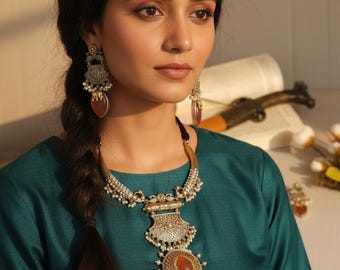 Oxidized Silver Plated Hasli Necklace Set: Gold Rajwadi Indian Jewelry