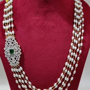 Pearl Long Necklace: CZ Diamond, Emerald Indian Bridal Jewelry Set