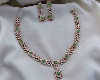 American Diamond Choker Necklace Jewelry Set Gold Plated Choker Set Green Crystals Necklace CZ Jewelry Temple Jewelry South Indian Jewelry
