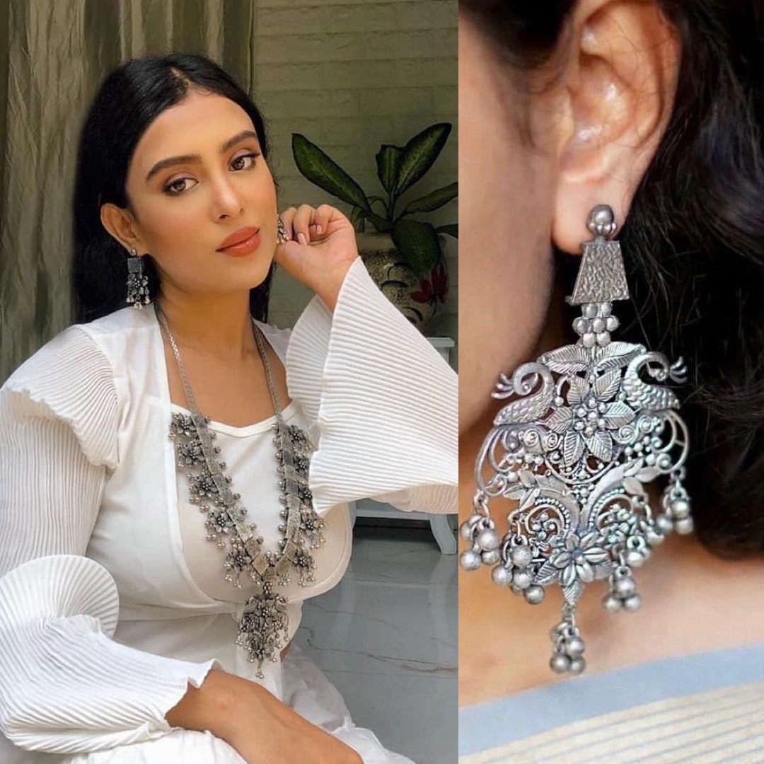 Black Oxidised Silver Long Afghani Style Necklace Jewelry Indian