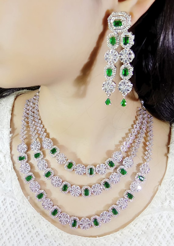 Emerald Quartz Necklace Set: American Diamond Indian Jewelry - Etsy