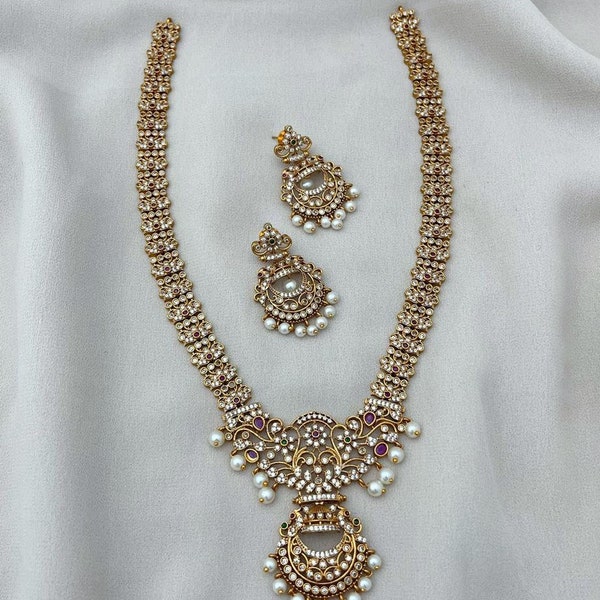 Matte Gold Pearl Kemp Stone Necklace Cubic Zircon Jewelry Set Designer Jewelry South Indian Temple Jewelry Guttapusalu Long Necklace