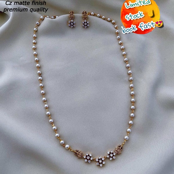 White Pearl Long Mala Necklace, CZ Diamond Gold Plated Jewelry, Pearl Beaded Necklace, Daily Wear Jewelry, South Indian Temple Jewelry