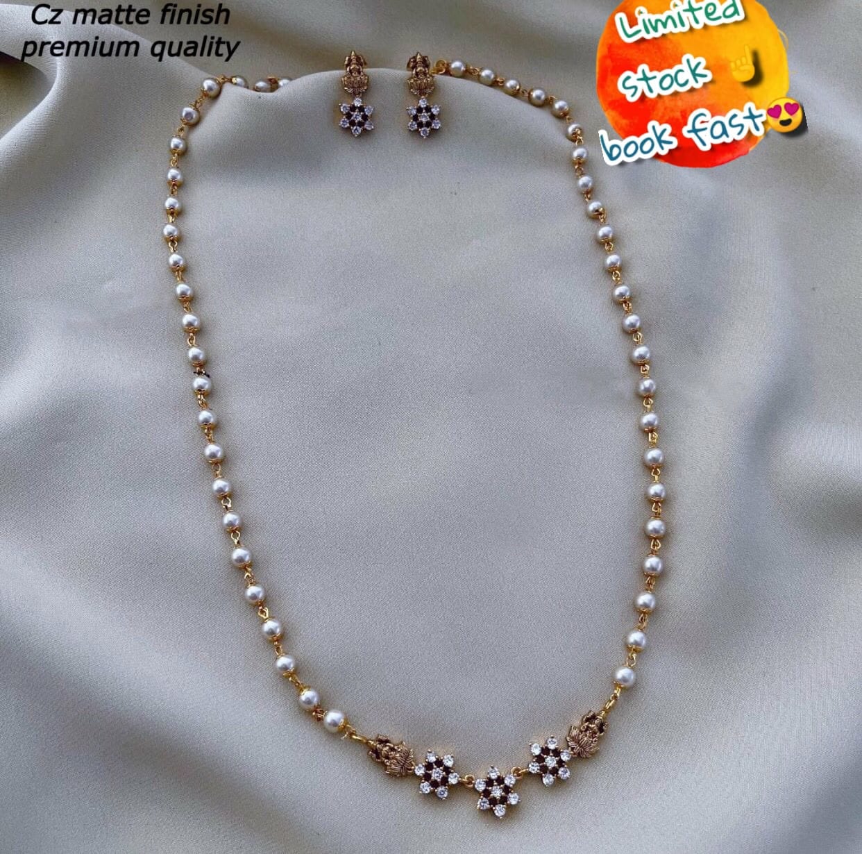 White Pearl Long Mala Necklace, CZ Diamond Gold Plated