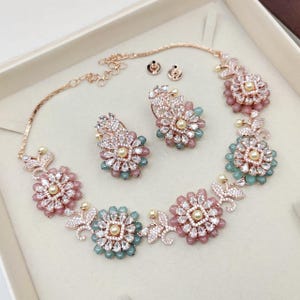 Rose Gold Crystal Necklace: Indian Bollywood AD Jewelry