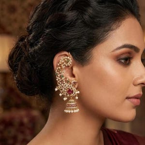 Gold Plated Peacock Ear Cuff with Jhumka, Ruby Emerald Pearl Drops, Indian Bridal Earring