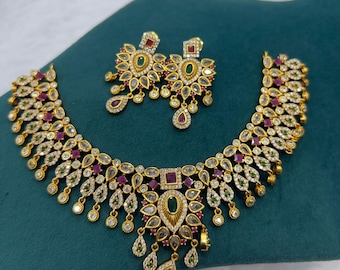 CZ Diamond Ruby Necklace Set: South Indian Bridal Jewelry