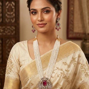 Conjunto de collar de perlas Mala, colgante de rubí, Polki Kundan Haar, joyería de boda victoriana