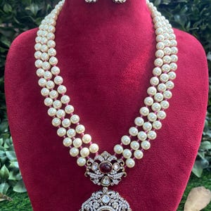 Pearl CZ Diamond Indian Jewelry Set: Ruby AD Necklace, Bridal Wedding Set