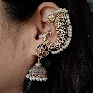 Oxidized Silver Jhumka Earcuff: Pearl Monalisa Earrings, Dual Tone Fusion
