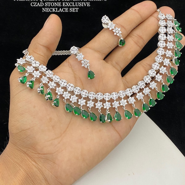 Green Diamond Star Cut Silver Look Necklace AD Stone Jewelry Choker Set Faux Diamond Jewelry Designer Necklace Woman Jewelry