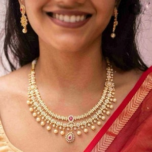 Gold CZ Diamond Necklace Set: Pearl Ruby Indian Wedding Jewelry