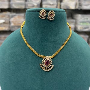 Ruby CZ Diamond Choker: Gold Temple South Indian Necklace Set
