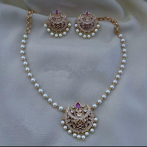 Kemp Stone Bridal Jewelry Set: CZ Diamond, Pearl, South Indian Temple Necklace