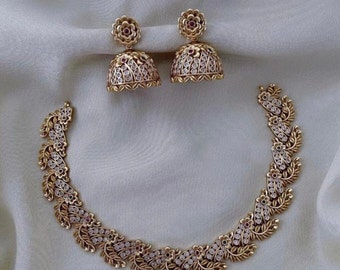 Kundan Gold Necklace Leaf Design Round Necklace Matte Gold Finish Jewelry Indian Statement Engagement Jewelry Kemp Stone Jewelry