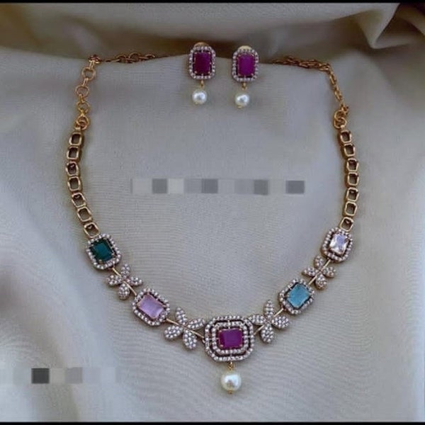 Collier ras de cou avec perles dorées et diamants américains, collier design floral, collier en rubis, bijoux simples, collier plaqué or, bijoux de l'Inde du Sud