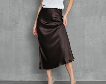 Women's Dark Brown High Waist Satin Skirt, Shiny Fabric, Satin Skirt Sewing Pattern With Tutorial by DIVESSE