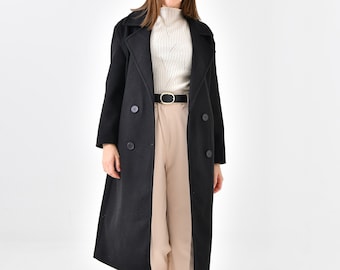 Women's Black Oversize Long Coat, wool coat women, Wool Wrap Coat, Womens Wool Coat with belt, Elegant Wool Coat, Long Wrap Coat by DIVESSE