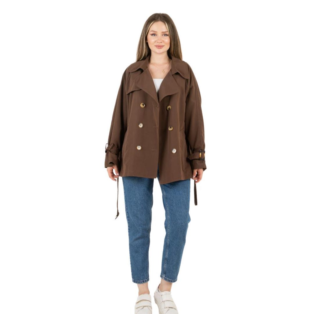 Women's Brown Trench Coat with Shoulder Flaps and Belt