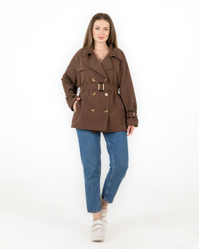 Charlotte Womens Short Double Breasted Trench Coat With Cropped Tailored Fit Belted Chic Style main image 1