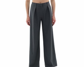 Wide Leg Work Pants Women’s Anthracite Elastic High Waisted Casual Office Dress Pants Trousers with Pocket Regular and Plus Size Slacks
