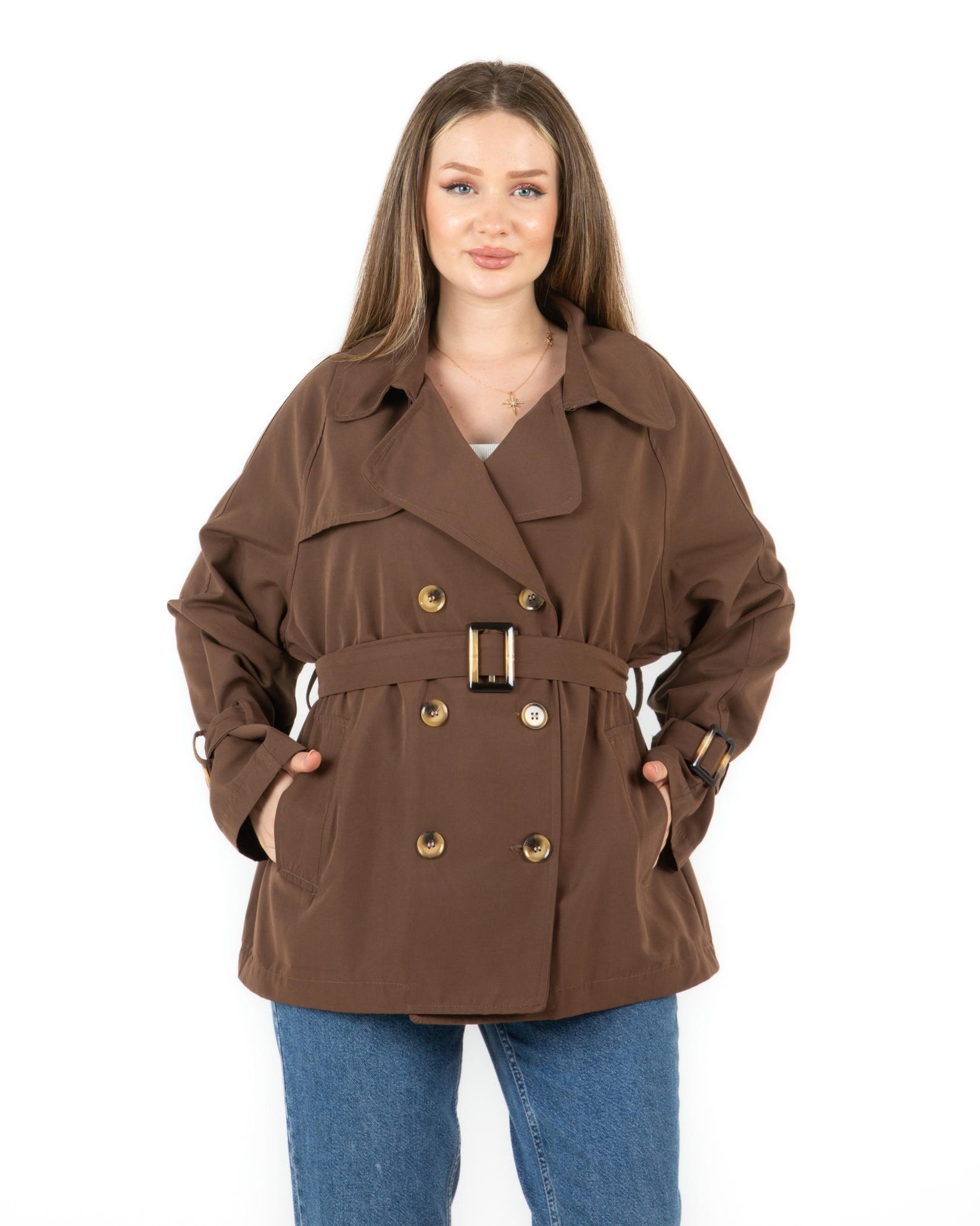 Women's Short Double Breasted Trench Coat with Belt and Contrast Trim main image 1