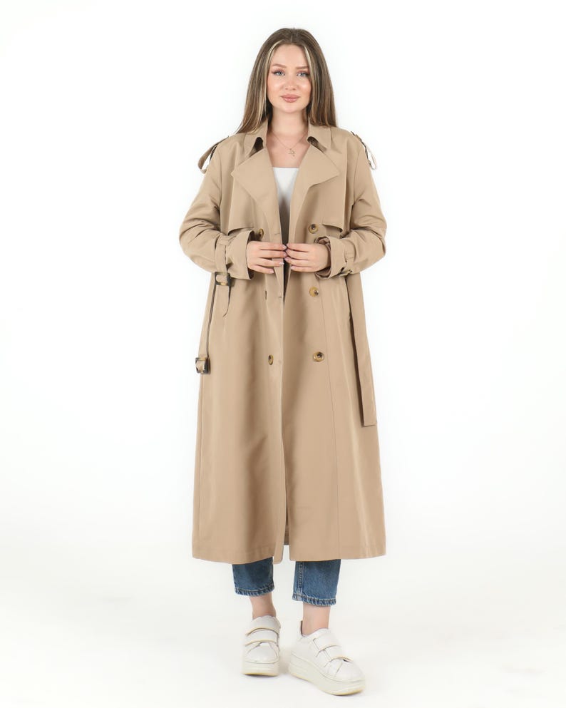 Double-Breasted Belted Trench Coat - Beige