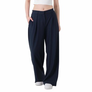 Breites Bein Arbeitshose Damen Marine Blau Elastisch Hoch taillierte Lässige Büro Hose Hose mit Tasche Normale und Plus Size Slacks