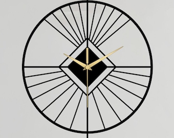 Reloj de pared de metal con diseño de rayos de sol y diamantes, minimalista, dorado, negro, silencioso, hecho a mano, decoración contemporánea.