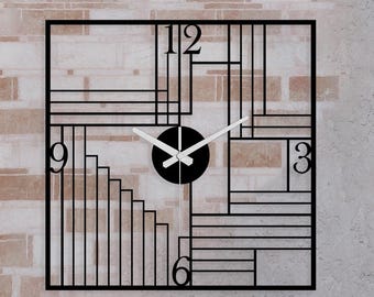 Reloj de pared cuadrado de metal Art Déco, diseño geométrico negro silencioso, hecho a mano para decoración moderna del hogar.