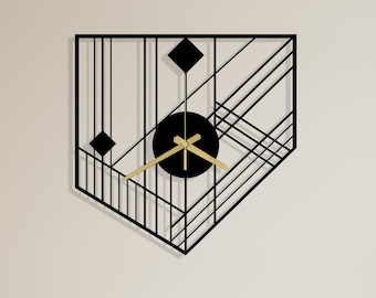 Art Deco Shield Metal Wall Clock, Geometric Black Gold Silent Handmade Modern Home Accent