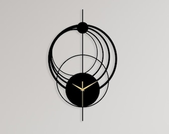 Reloj de pared moderno de metal Orbit, minimalista, negro y dorado, silencioso, hecho a mano, decoración contemporánea.