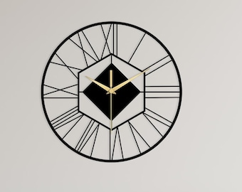 Reloj de pared de metal geométrico hexagonal, moderno, negro y dorado, silencioso, hecho a mano, decoración contemporánea.