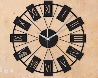 Reloj de pared grande de metal con números romanos, vintage, negro, silencioso, hecho a mano, industrial, para decoración del hogar.